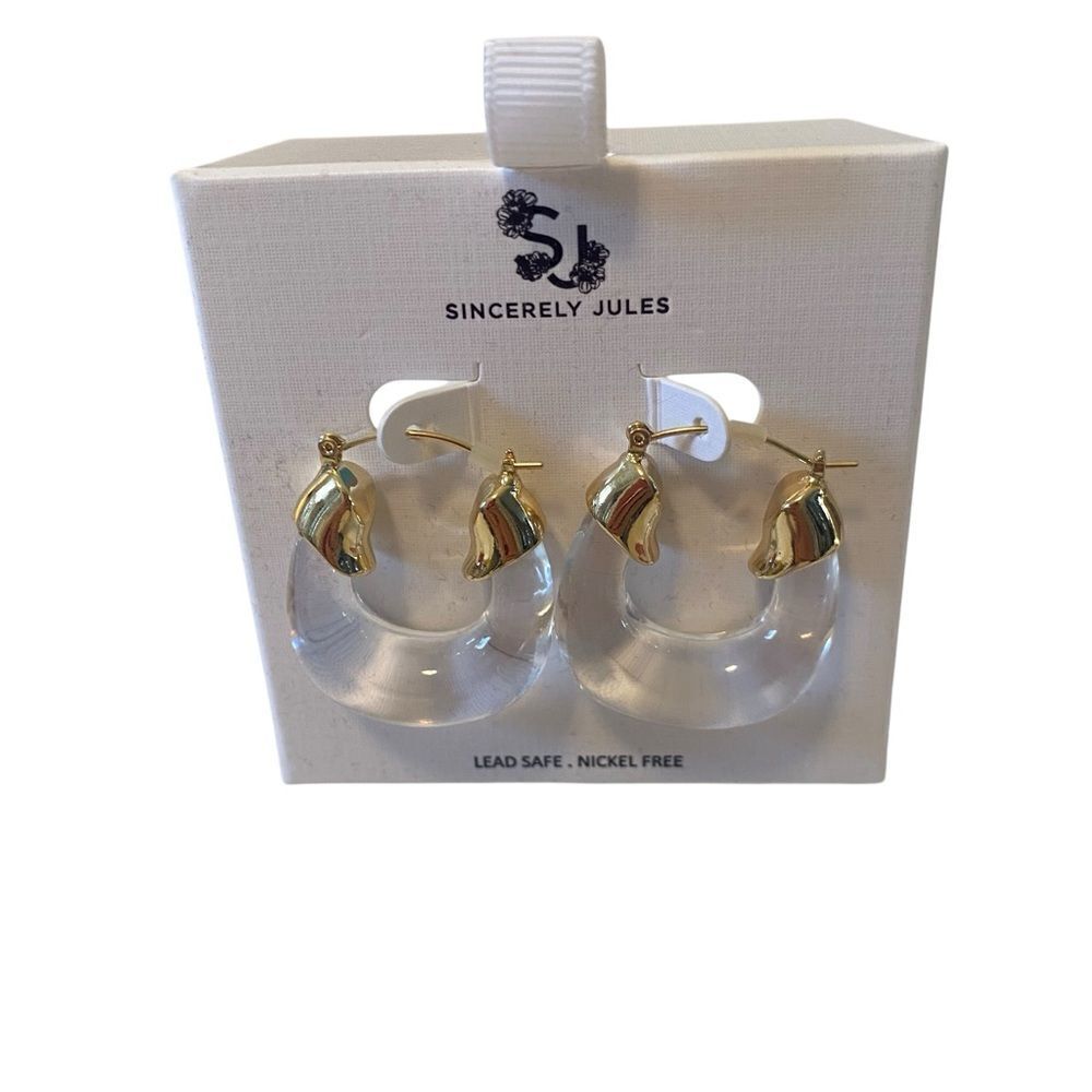 Sincerly Jules Clear Resin Hoop Earrings w/ Bright Gold Tone Hardware.